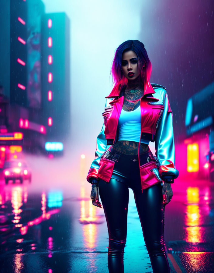 Stylized woman with tattoos in neon-lit rainy street wearing red jacket