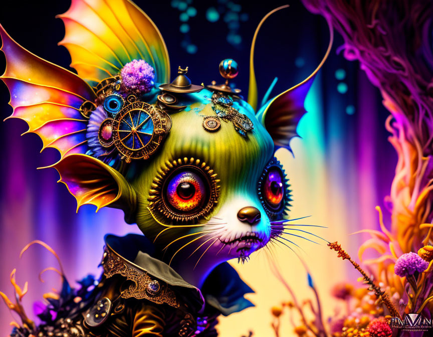 Fantastical creature with large eyes, mechanical parts, and butterfly wings among colorful flora.