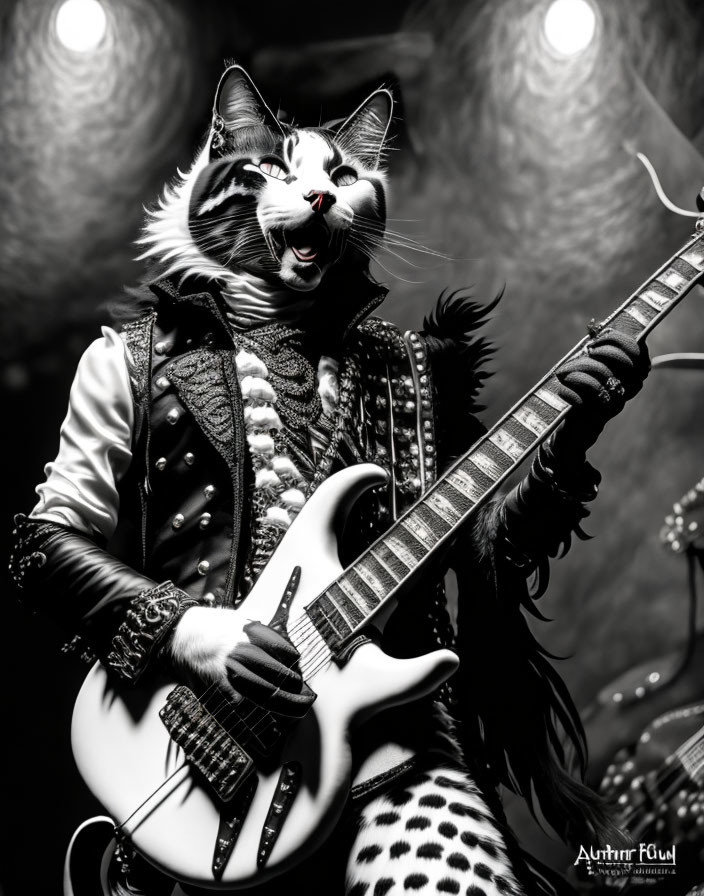 Anthropomorphic Cat Rocking Electric Guitar on Stage