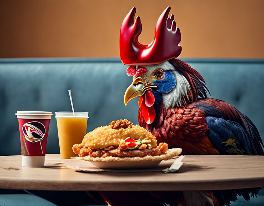 Rooster with chicken leg hat at table with fried chicken sandwich, soda, and sauce