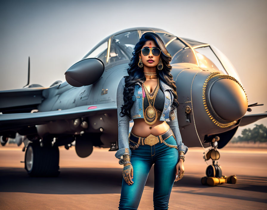 Confident woman in denim outfit by fighter jet