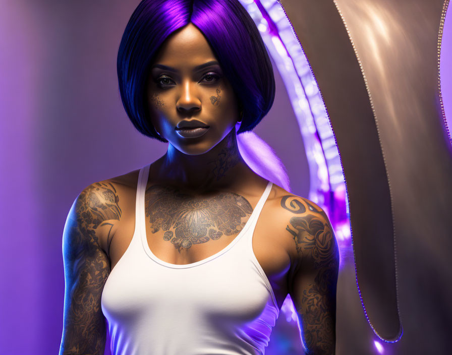 Blue-haired woman with tattoos under dramatic purple lighting