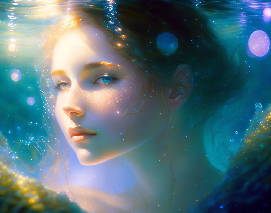 Woman submerged in water with light reflections and bubbles: a serene portrait.