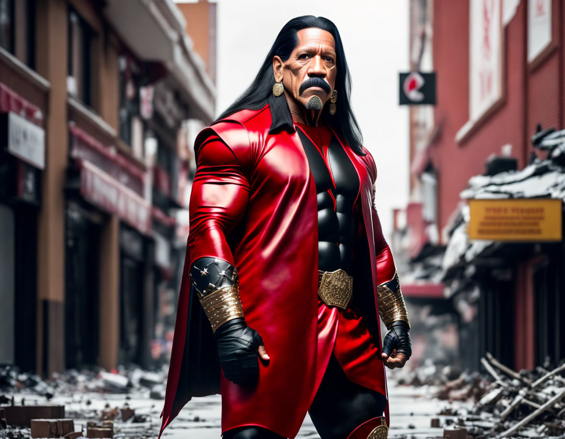 Red and Black Superhero Costume on Debris-Littered Street