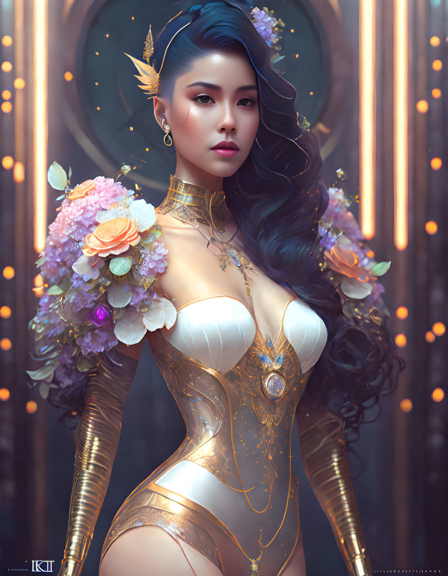 Digital artwork: Woman with long, flowing hair and ornate bodysuit