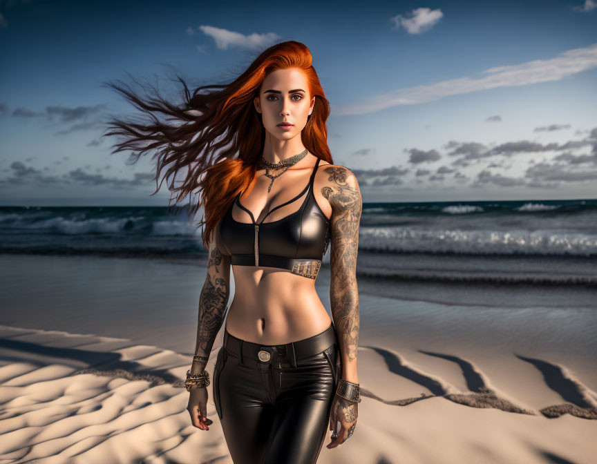 Digital artwork: Red-haired woman with tattoos in black outfit on beach