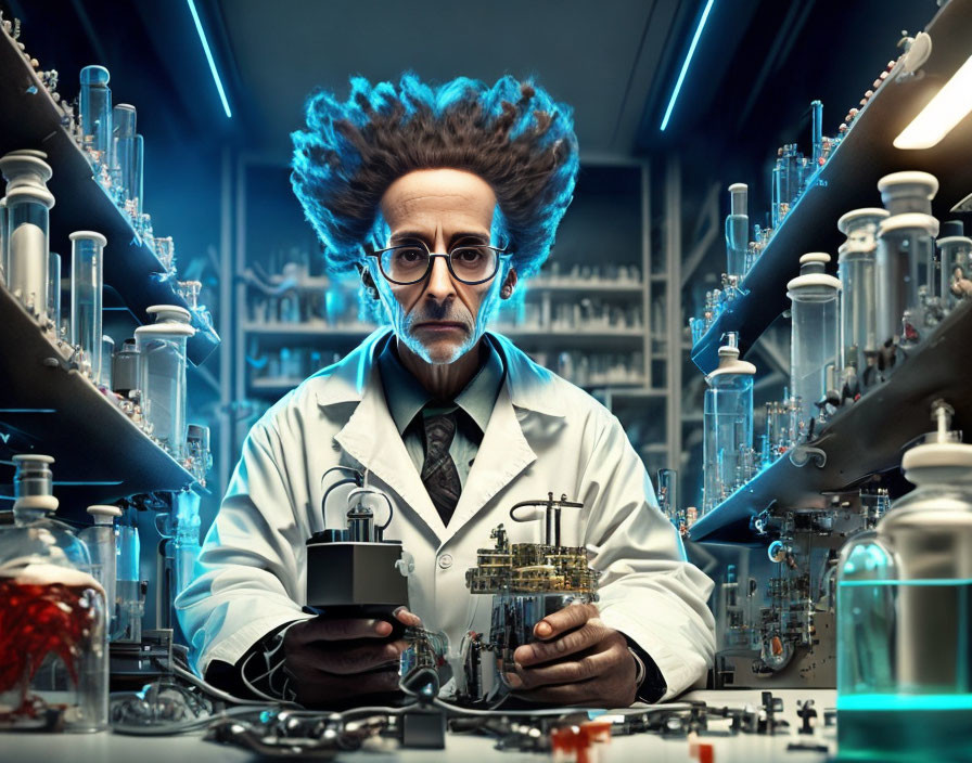 Scientist with wild hair in lab coat and goggles in high-tech laboratory.