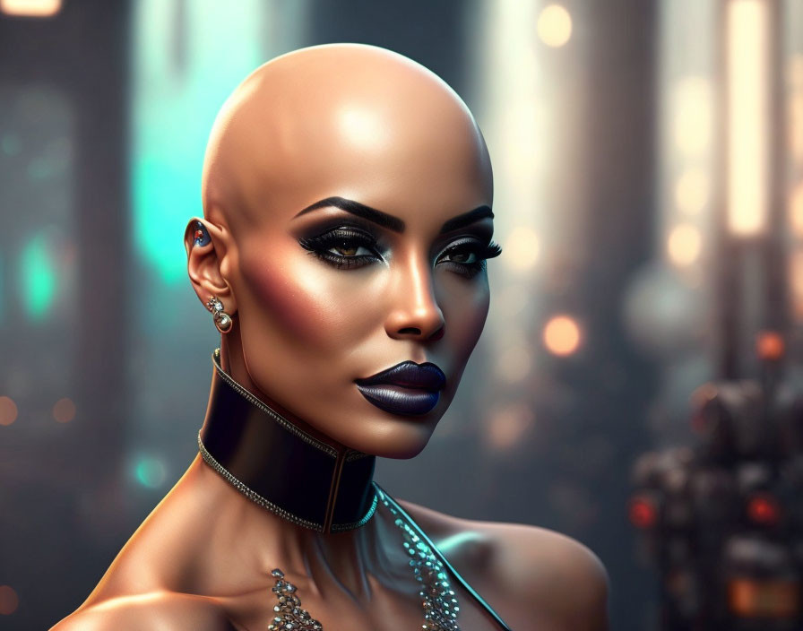 Stylized portrait of a bald woman with striking makeup and accessories