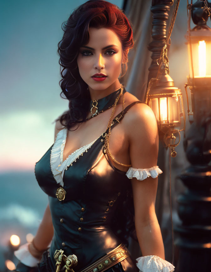 Vintage-inspired woman in corset and puffed sleeves poses by lantern with elegant hairstyle.