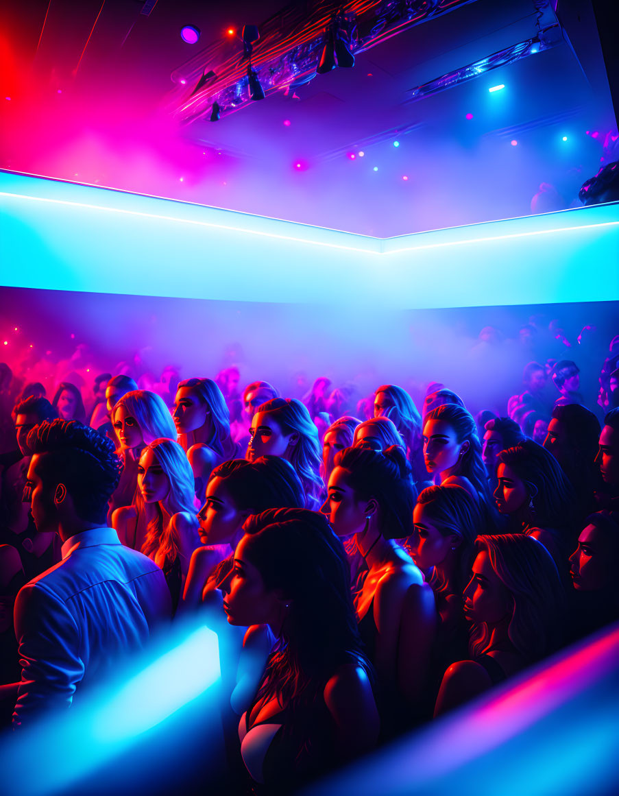 Crowded nightclub with neon lights and lively atmosphere