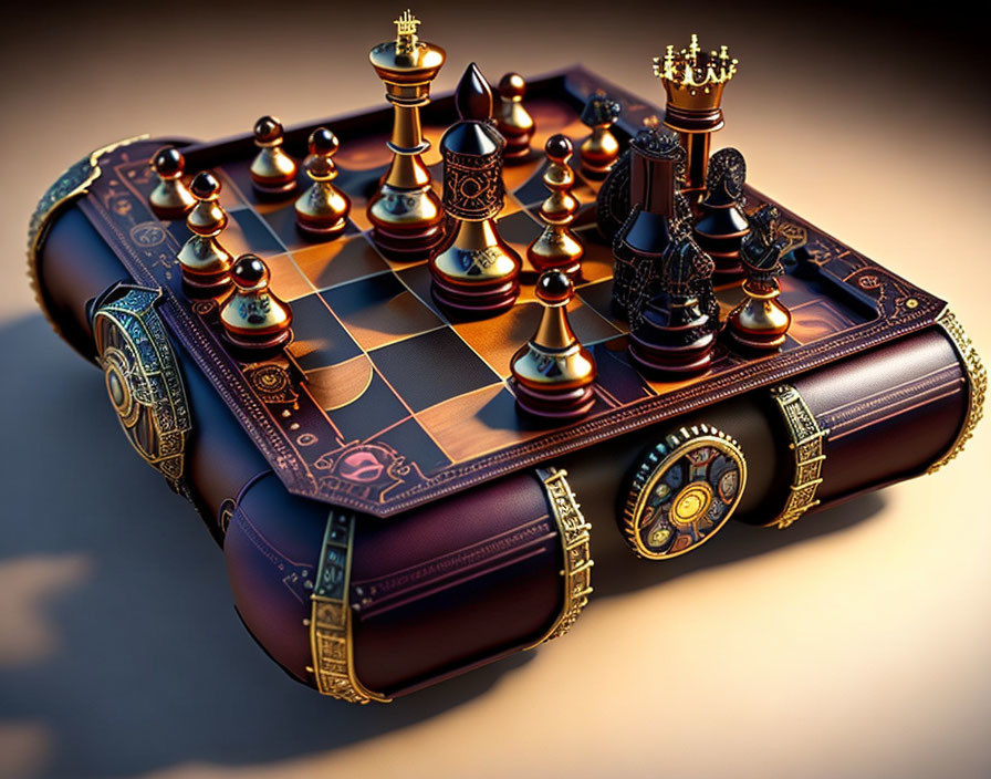 Luxurious Leather-Bound Chess Set with Gold and Silver Pieces