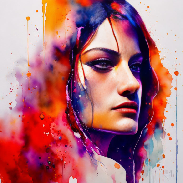 Vibrant portrait of a woman with realistic and abstract elements