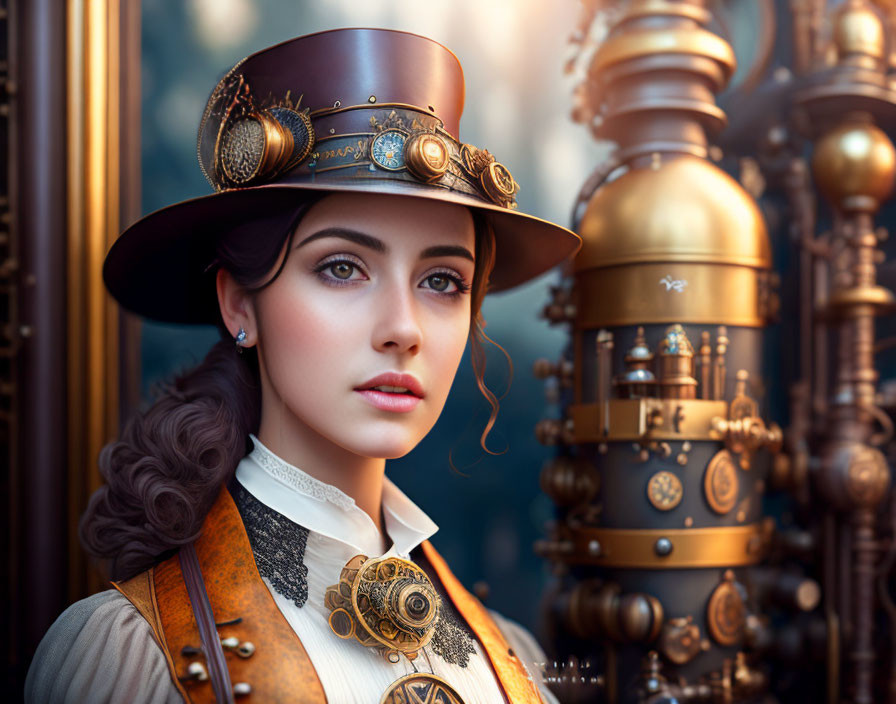 Steampunk woman with top-hat beside brass machinery