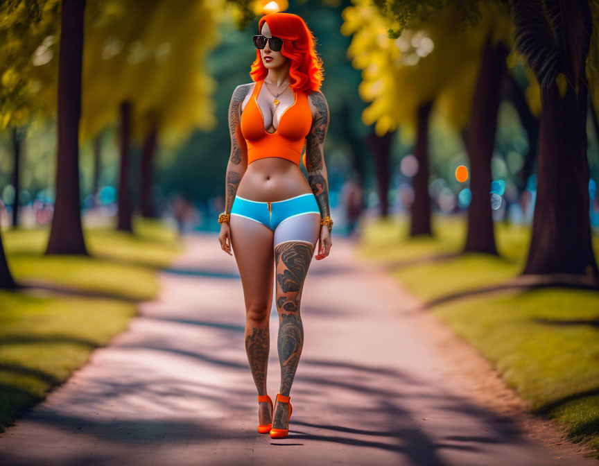 Red-haired woman in sunglasses and tattoos strolling in park in orange and blue outfit