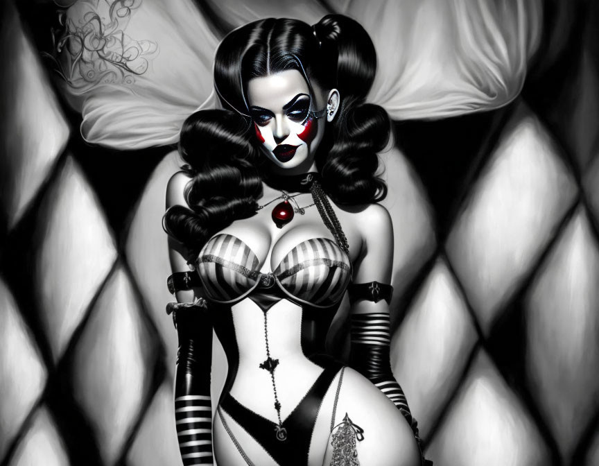 Illustration of woman in gothic makeup, striped corset, gloves, and vintage curls.