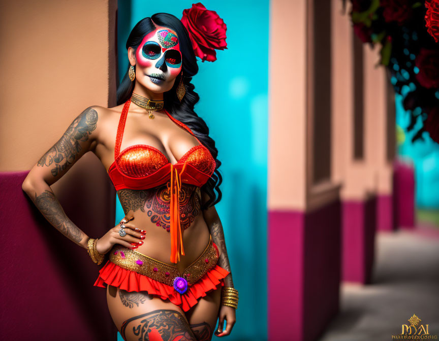 Woman in Day of the Dead makeup and colorful costume against backdrop