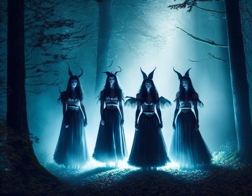 Four women in dark dresses with horned headpieces in misty, blue-lit forest