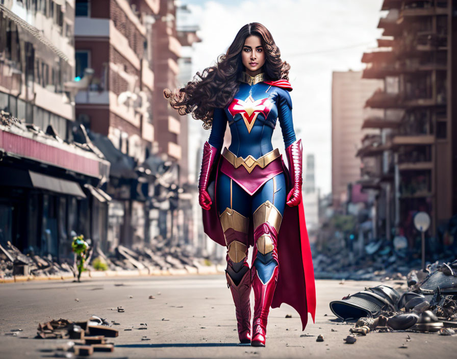 Confident woman in superhero costume in urban street with debris.