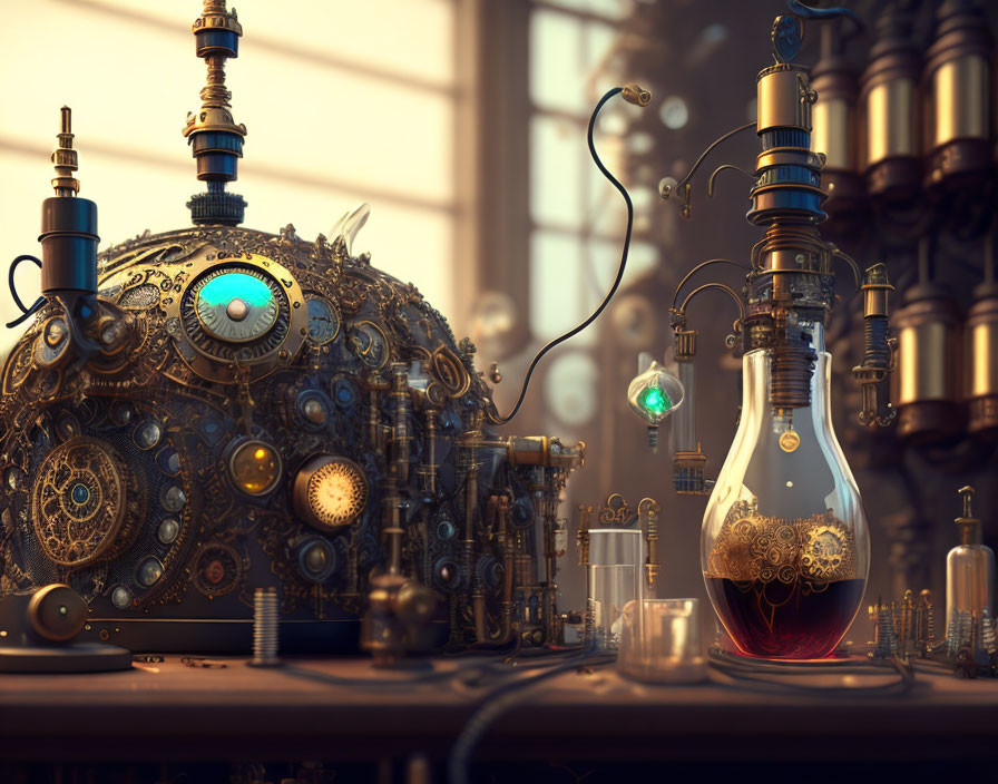 Steampunk-inspired scene with intricate machinery and glowing glass container