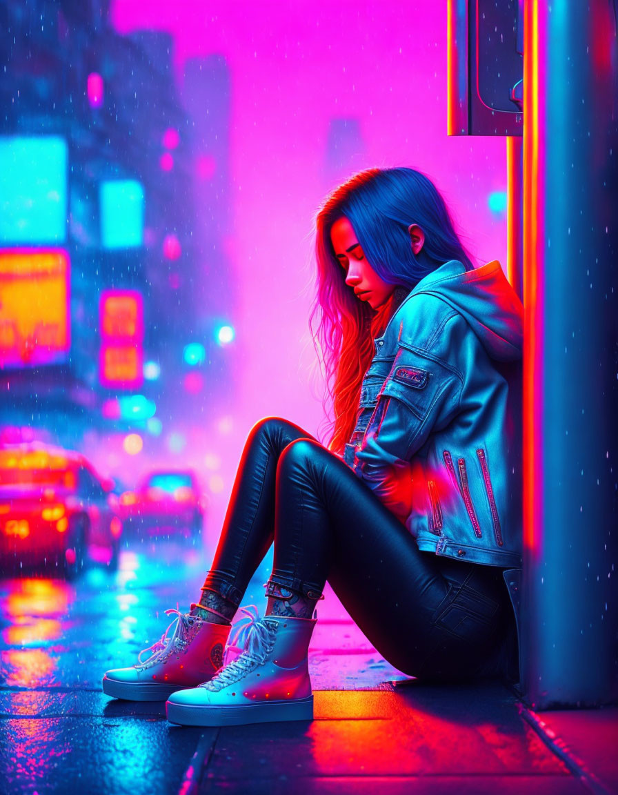 Woman sitting on sidewalk at night under neon lights with wet street and urban backdrop