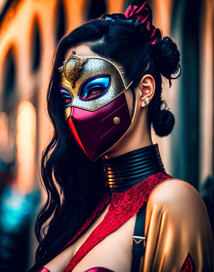 Woman in decorative mask and red/gold outfit with updo, against blurred background