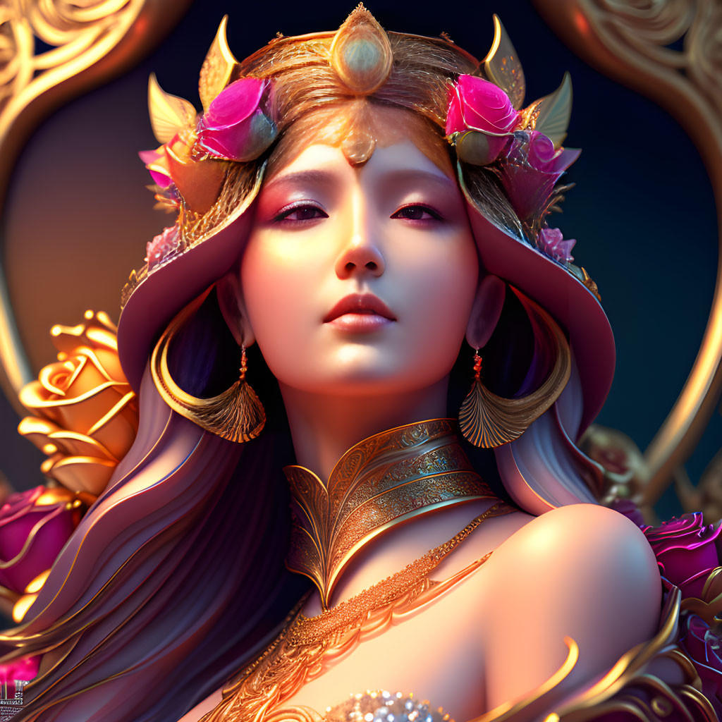 Detailed digital portrait of a woman with ornate golden headdress and elegant accessories.