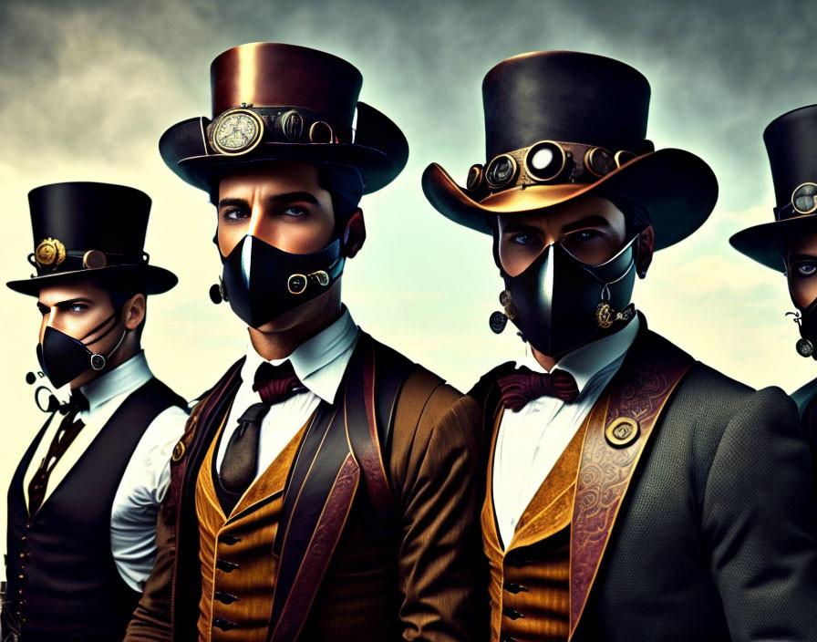 Four stylized steampunk characters in top hats and goggles, one with a respirator mask