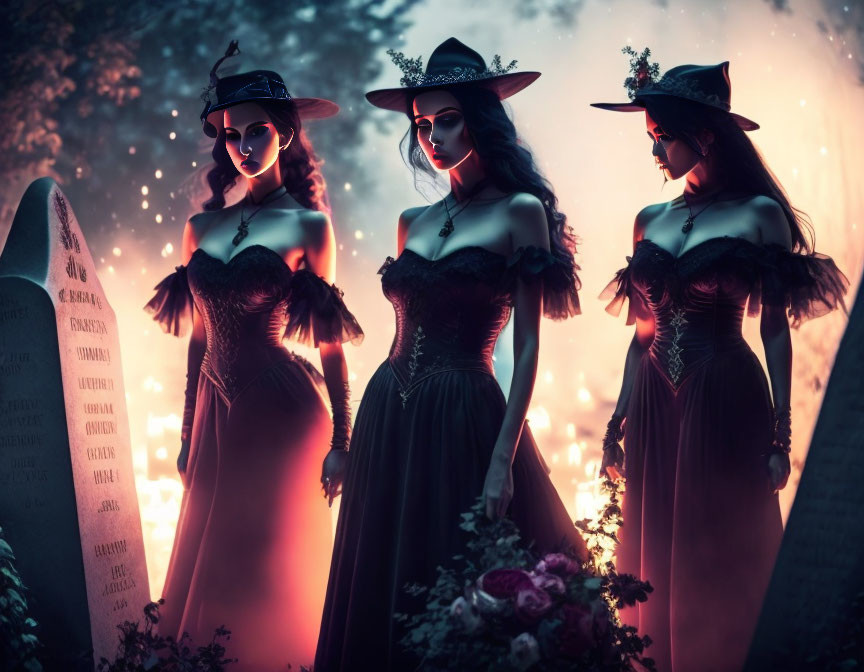 Three women in gothic dresses and witch hats by gravestone in misty forest