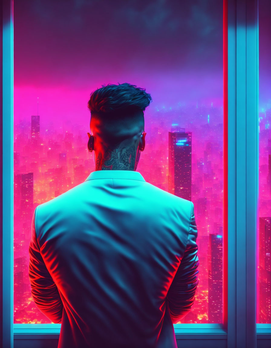 Man with Mohawk and Neck Tattoo Gazes at Neon Cityscape with Purple Sky