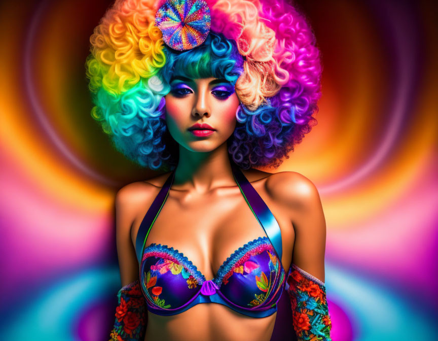 Colorful Afro Woman in Psychedelic Makeup and Floral Bikini Top