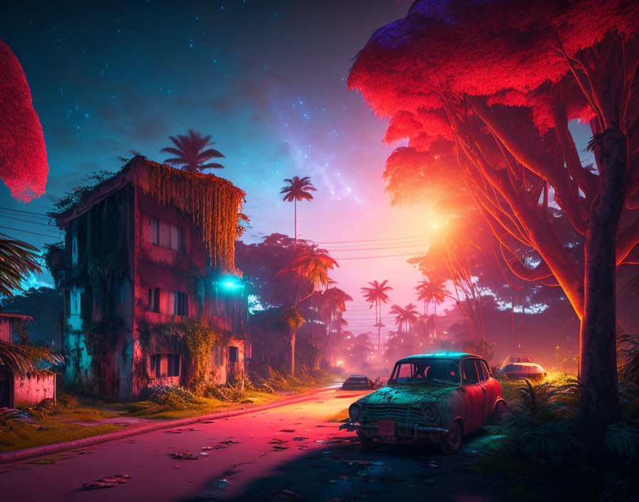 Vintage car under starry sky surrounded by neon lights and red-leafed trees in tropical night scene