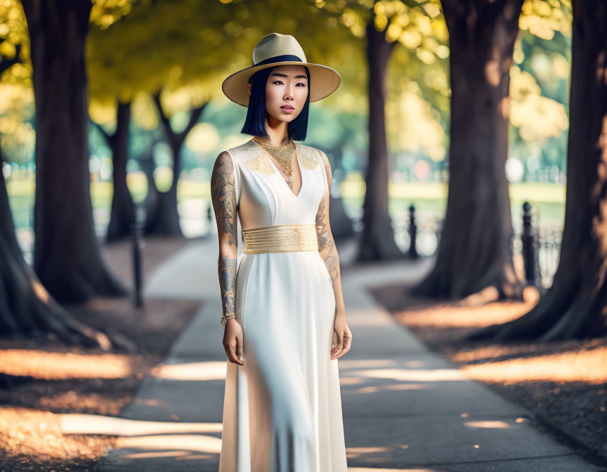 Stylish woman in white dress and hat on tree-lined path with sunlight filtering.