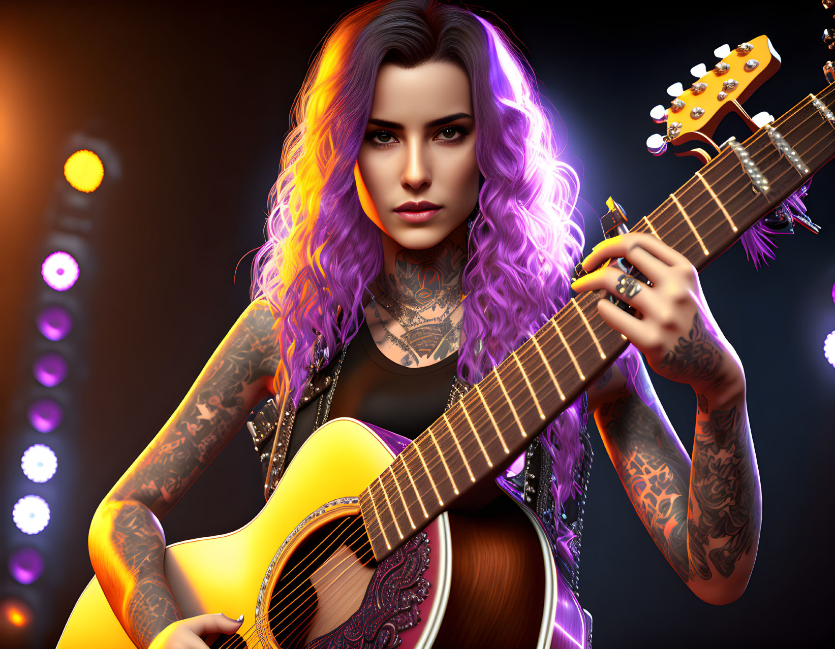 Female guitarist with purple hair and tattoos holding a guitar under stage lights