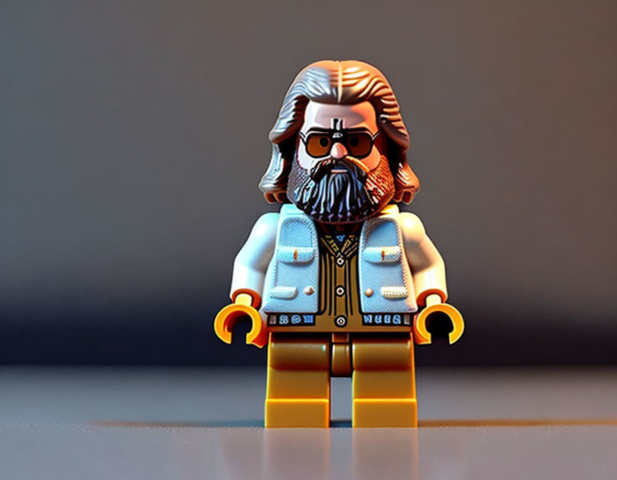 Detailed grey-bearded Lego figure with glasses and denim vest on gradient backdrop