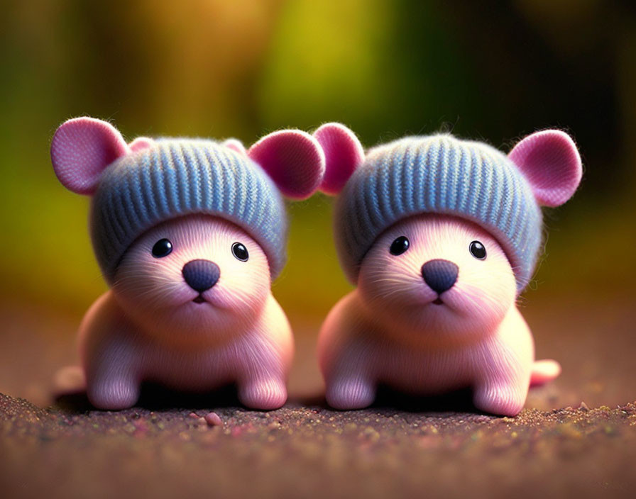 Cartoon-Style Mouse Figurines in Knitted Hats on Ground