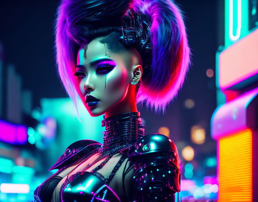 Cyberpunk-themed futuristic woman in neon-lit city setting