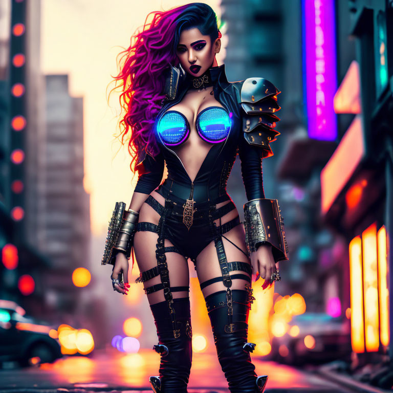 Female cyberpunk character with purple hair and glowing blue chest armor in futuristic cityscape