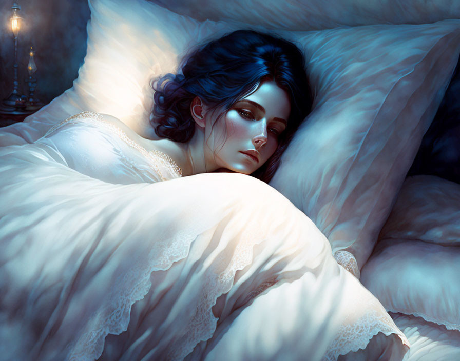 Dark-haired woman sleeping peacefully in softly lit room on white bedding