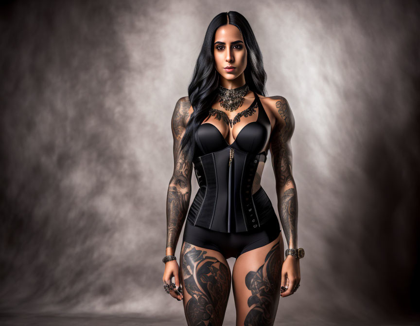 Dark-haired woman with full sleeve tattoos in corset and choker against smoky background