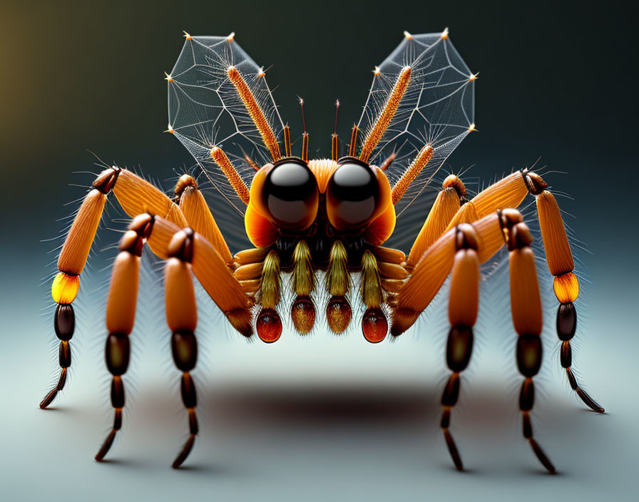 Imaginative spider with dragonfly traits: large eyes, orange legs, webbed wings