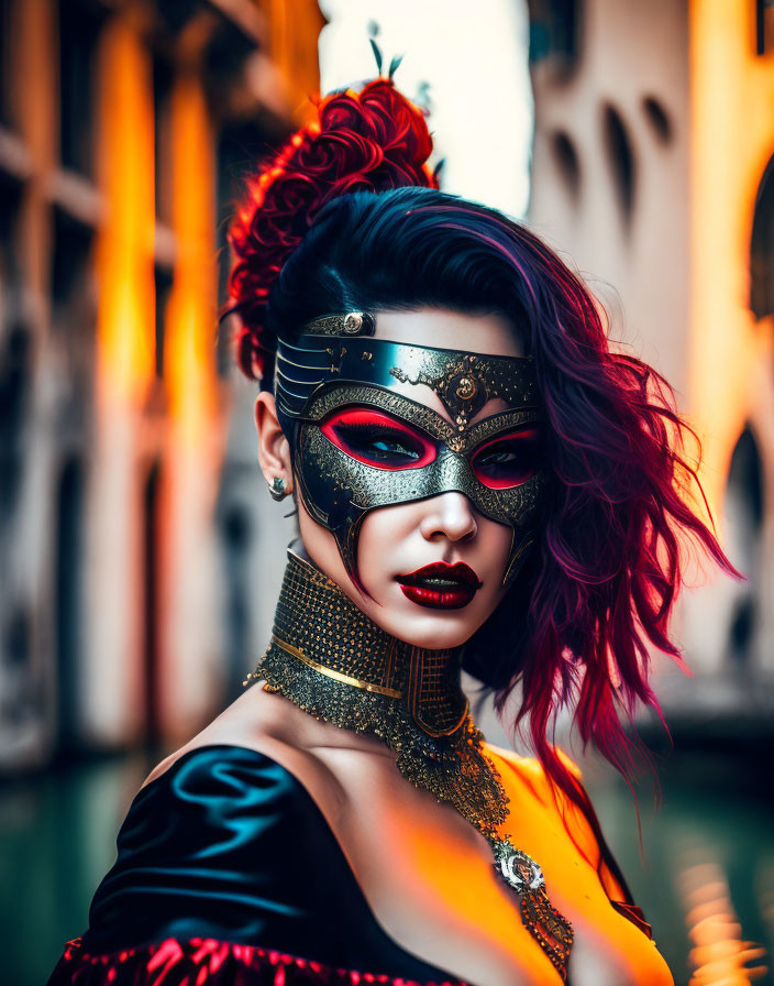 Vibrant Purple Hair Woman with Red and Gold Mask Portrait