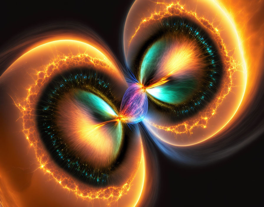 Colorful Fractal Art: Glowing Orange and Blue Cosmic Bodies