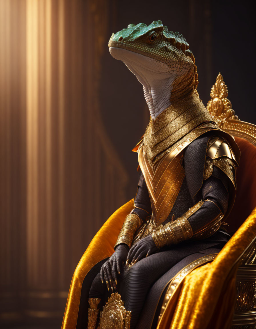 Royal anthropomorphic lizard in regal attire on golden throne exudes power.