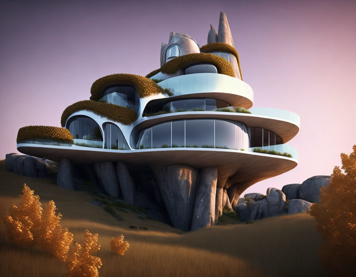 Futuristic multi-level house with organic shapes, large windows, and terraces in twilight landscape