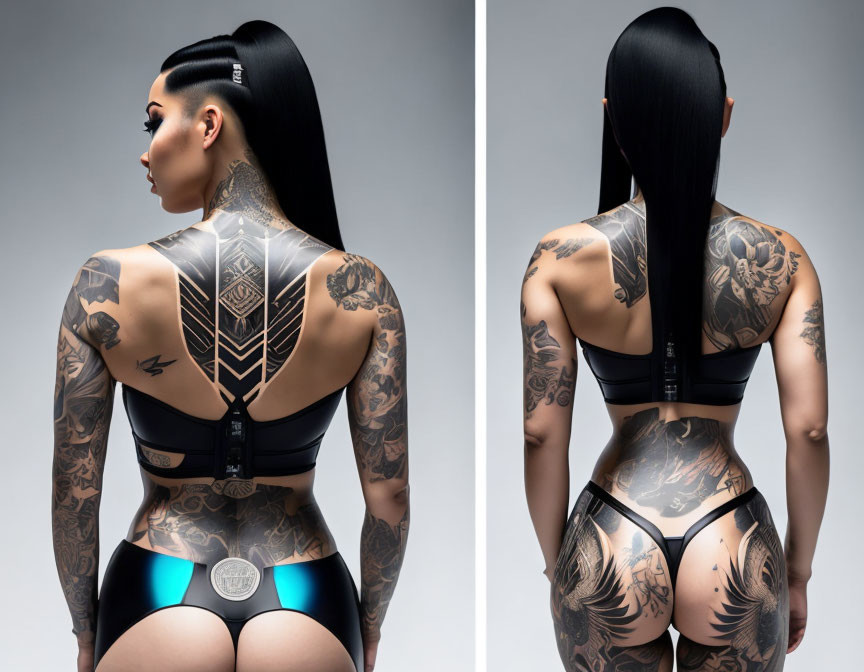 Black-haired woman with intricate tattoos in black sportswear on grey background