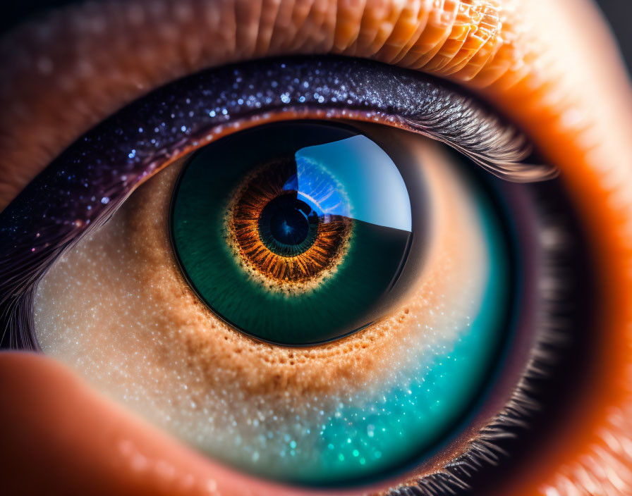 Detailed close-up of human eye with prominent iris and central pupil, showcasing intricate textures and vivid colors