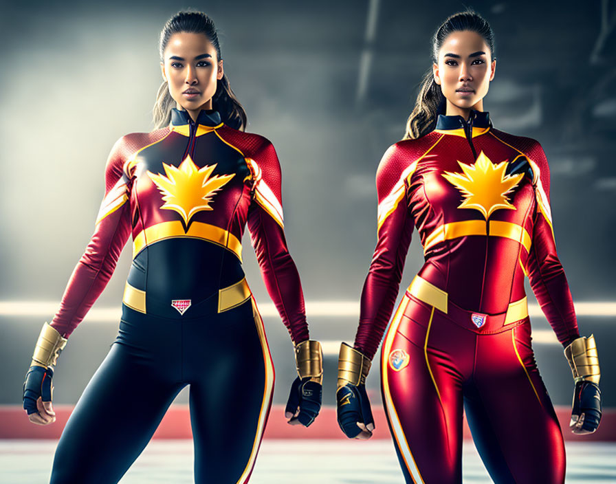 Two women in red and gold superhero costumes striking poses indoors.