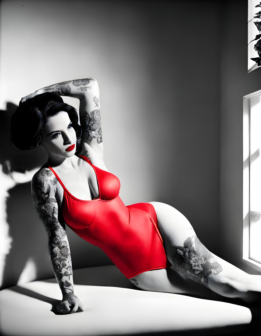 Monochrome photo with selective color of woman with tattoos in red dress by window.