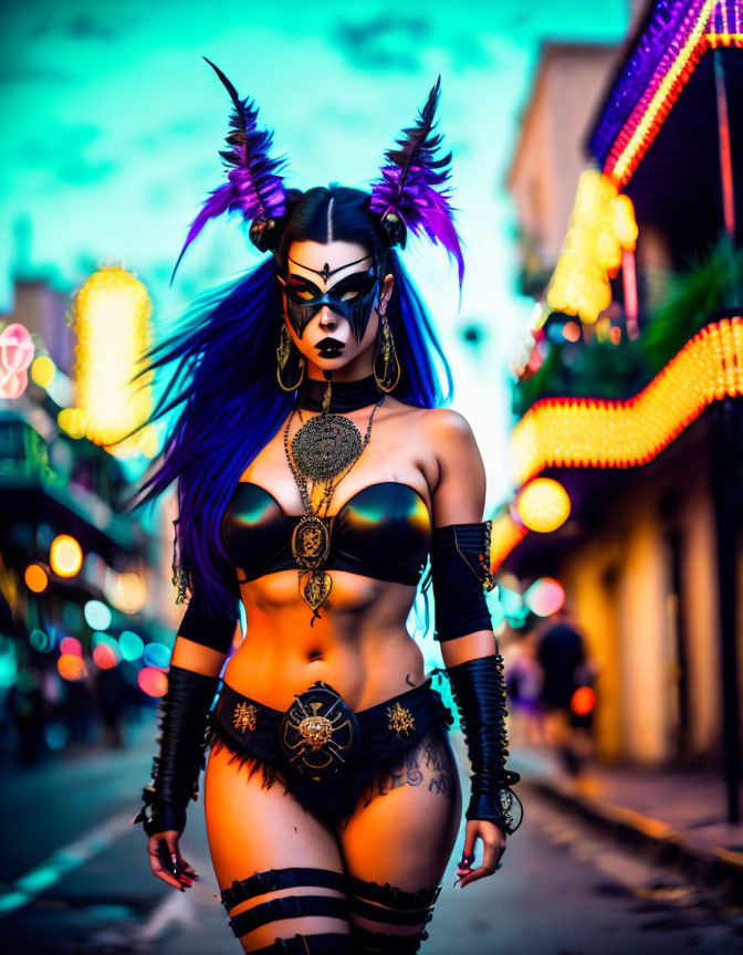 Elaborate dark fantasy cosplay with horns and blue hair on vibrant street