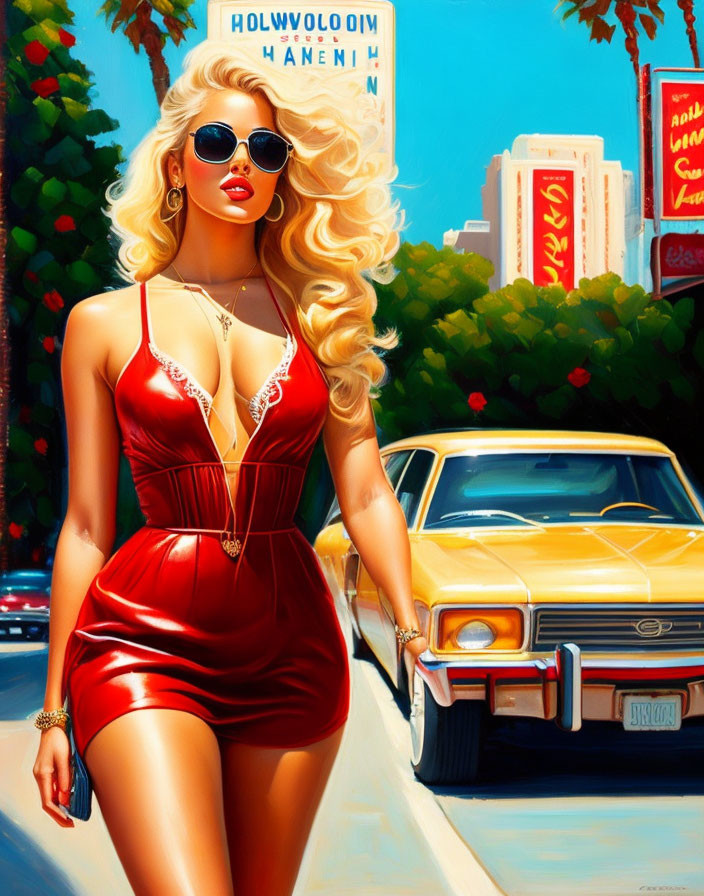 Stylish woman in red dress and sunglasses by classic car and retro streetscape